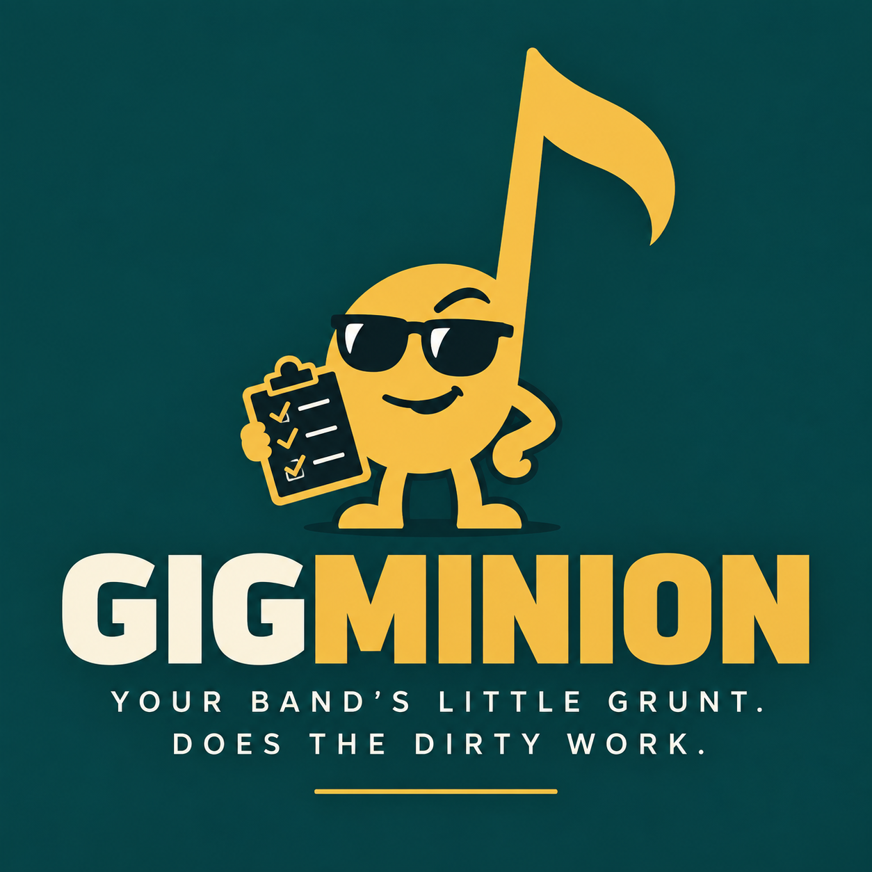 GigMinion logo — gold musical-note mascot with sunglasses and clipboard on teal